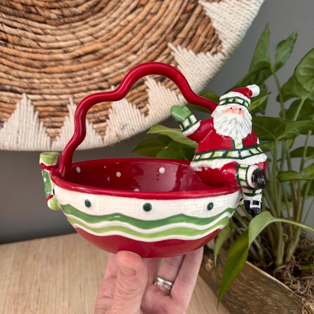 Vintage Fitz and Floyd Holiday Stocking Stuffer Santa Ceramic Basket Bowl